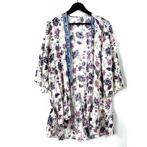 Maurices Womens Floral Cream Open Front Lightweight Cardigan Kimono Sz L 1335U2